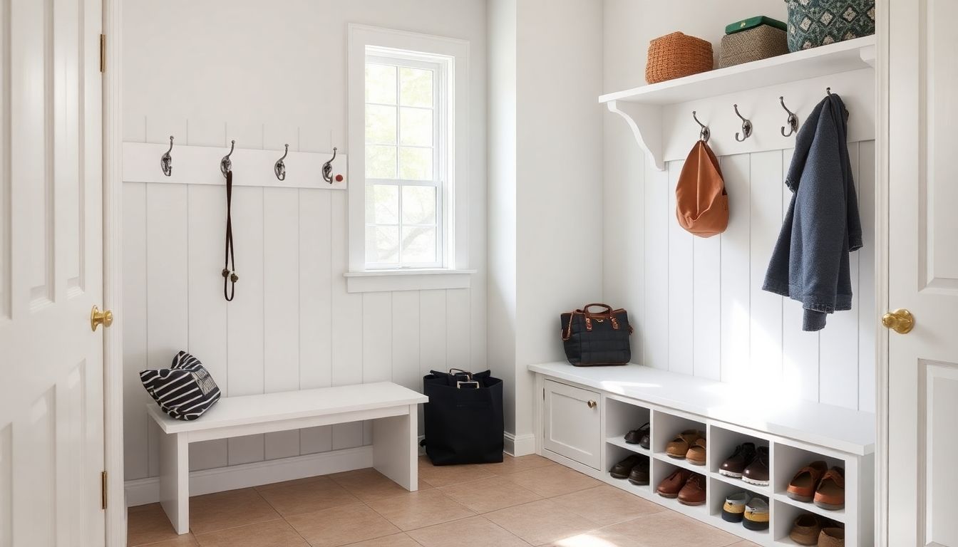 Realistic mudroom with hooks and shoe storage.