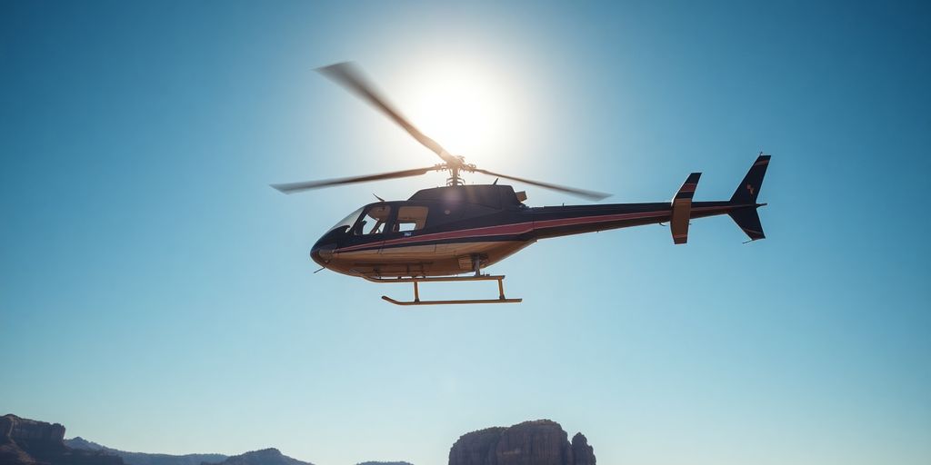 A helicopter flying over the red rock mountains in Sedona.