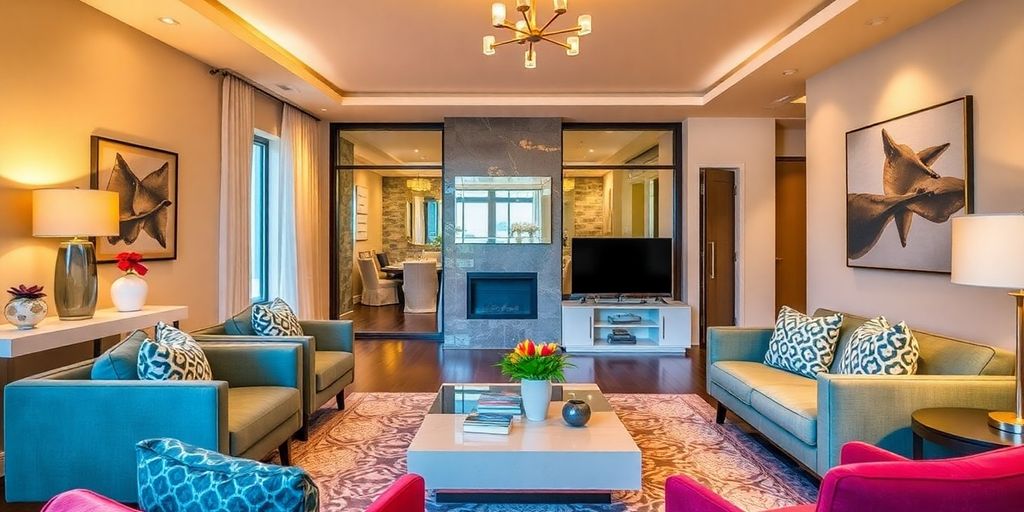 Modern living room with stylish furniture and warm lighting.