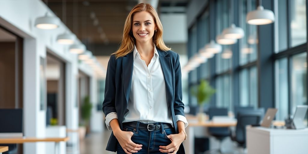 Woman in jeans and blouse in office