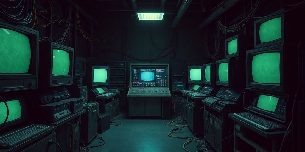 Early computers connected, glowing network cables