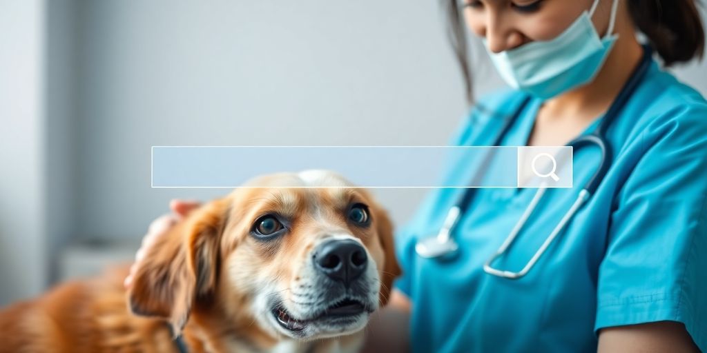 Veterinarian with dog, glowing search bar.
