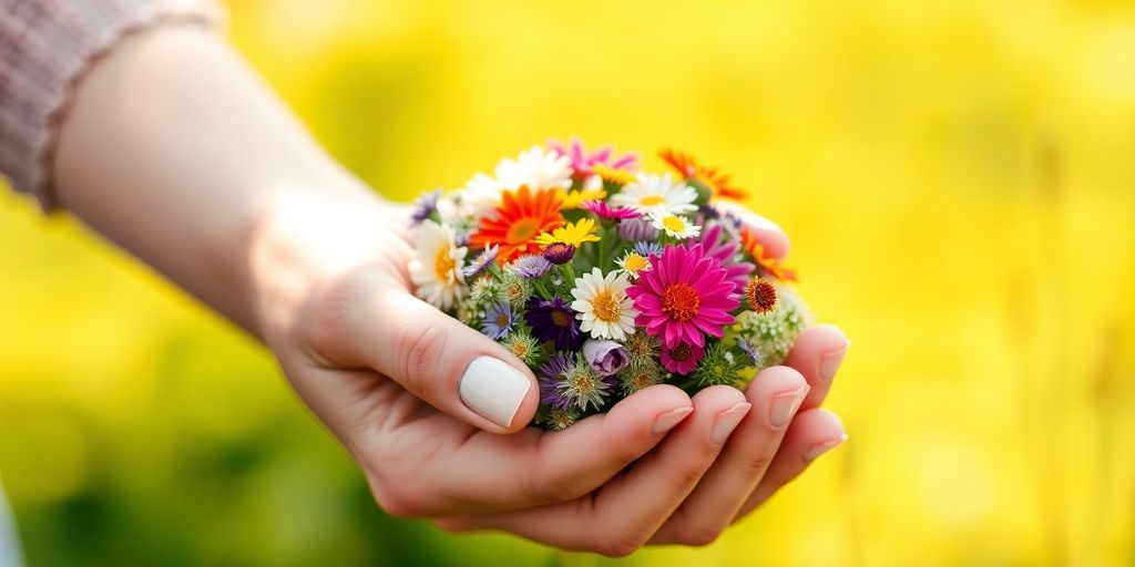 Woman holding flowers, sunlit, serene.