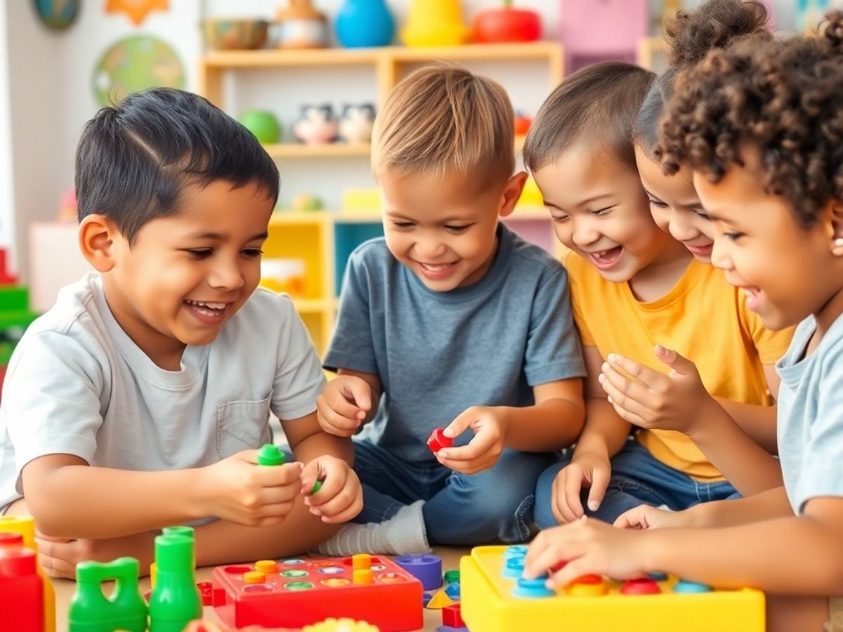 Copii jucându-se cu jocuri educaționale colorate.