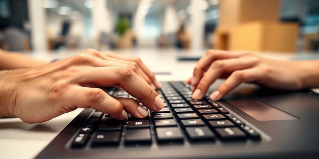 Office assistant typing data into computer.