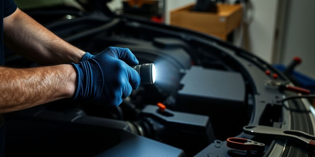 Mechanic inspecting car engine with flashlight.