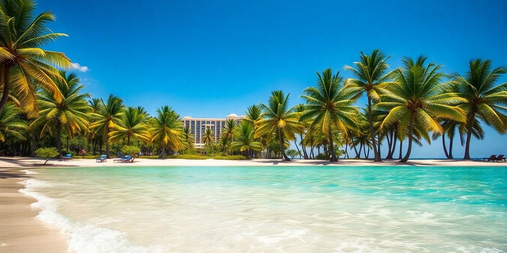 Tropical resort beach with palm trees and ocean