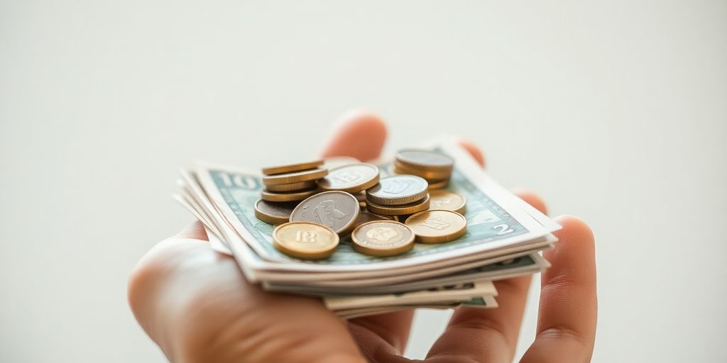 Une main tenant des pièces de monnaie et de l'argent.