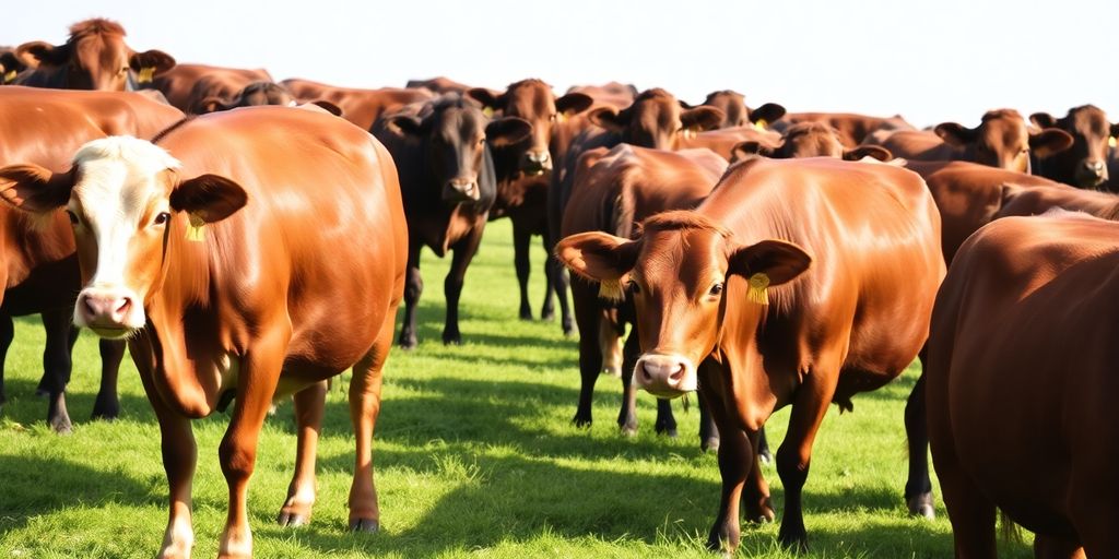 Close-up of plump grain-fed cattle in a pasture.