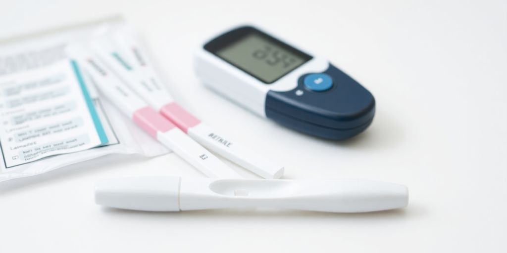 Diabetes test kit including meter, strips, and lancets.