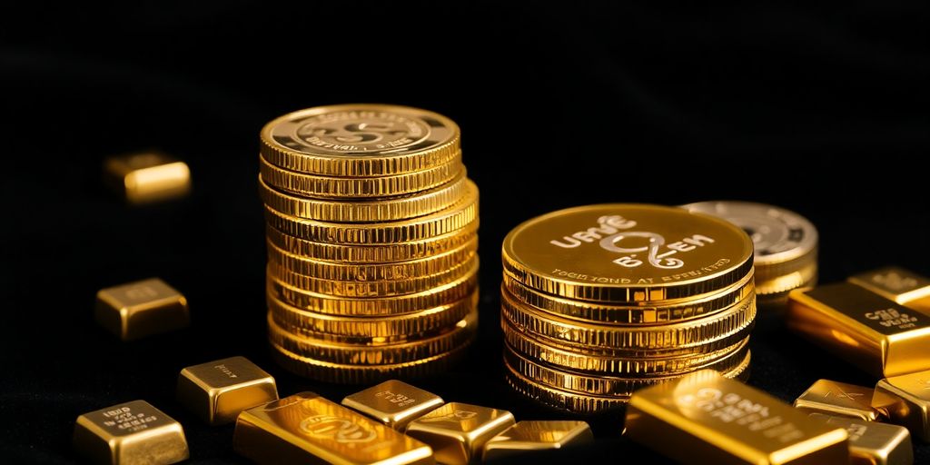 Gold and silver coins with small metal bars on velvet.