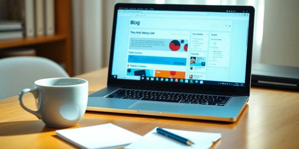 Laptop with coffee and notepad on a wooden desk.