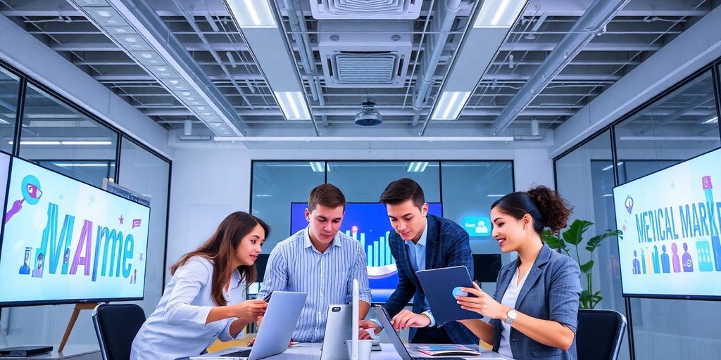 Profissionais de marketing médico em ambiente moderno e colaborativo.