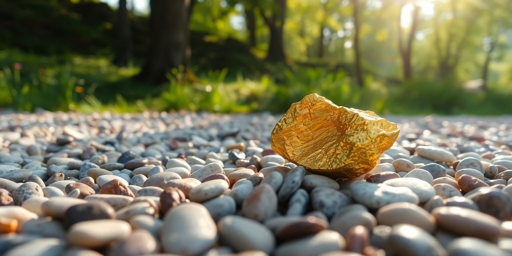 Un nugget d'or sur des galets dans la nature.