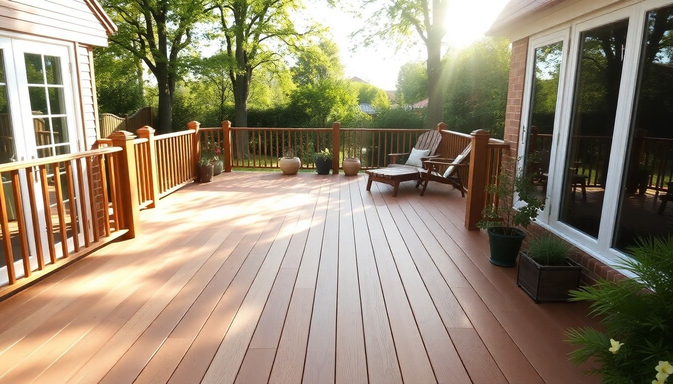 Wooden garden decking in a sunny outdoor setting.