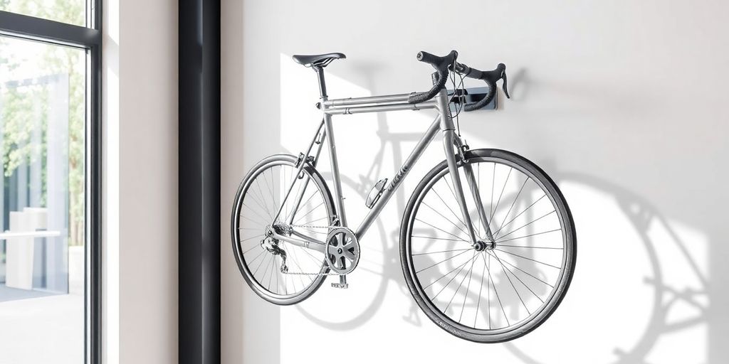 Stylish indoor wall bicycle rack with a bike displayed.