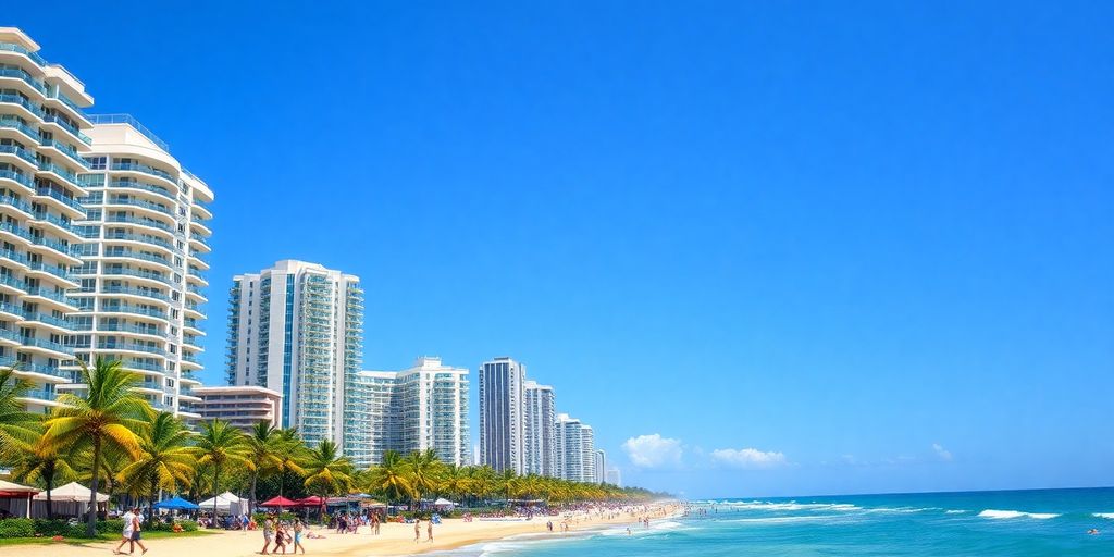 Vibrant oceanfront condos in Miami Beach with palm trees.