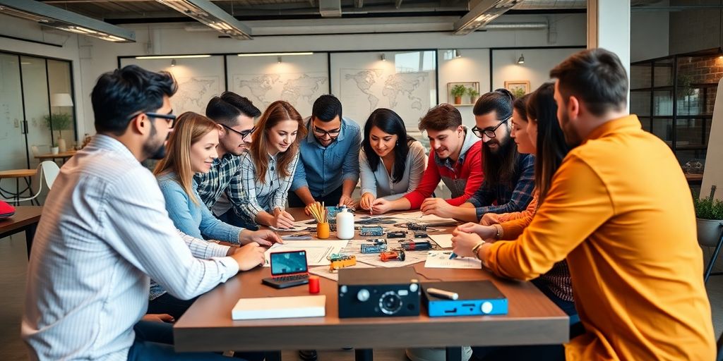 Team collaborating on product development in a modern workspace.