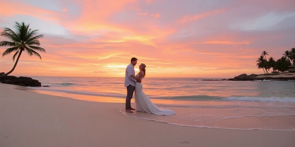 Couple on beach, vibrant sunset, ocean waves.