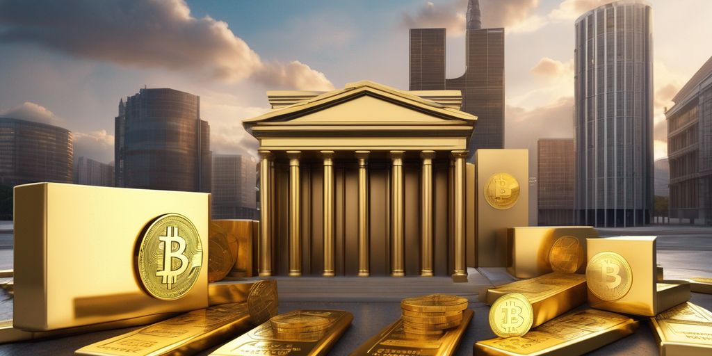 gold bars and cryptocurrency symbols with central bank buildings in the background