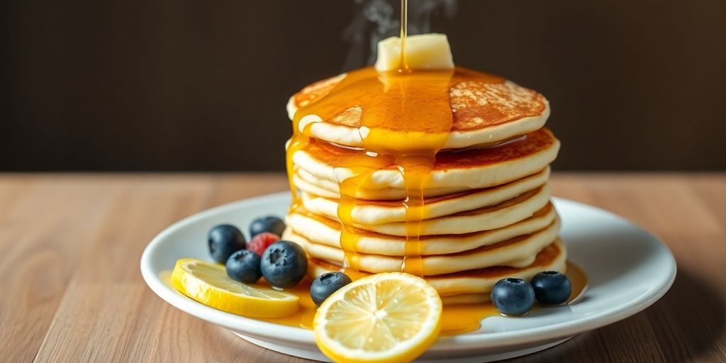 Fluffy lemon poppyseed pancakes, syrup, berries on white plate.