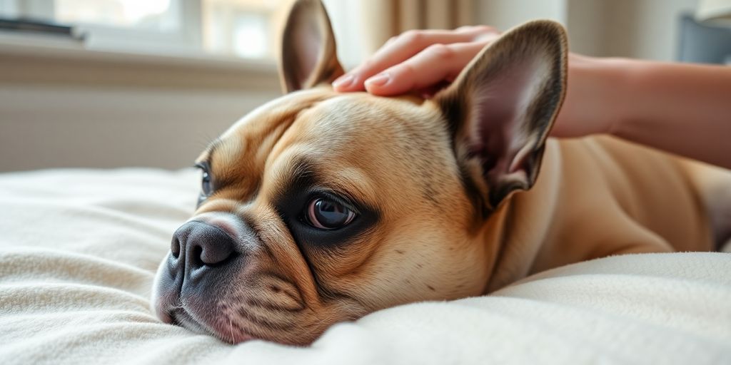 French Bulldog lying down, recovering, with owner's hand.