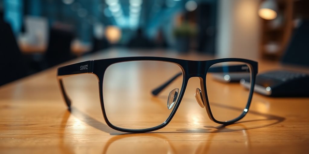Modern smart glasses on a desk with soft lighting.