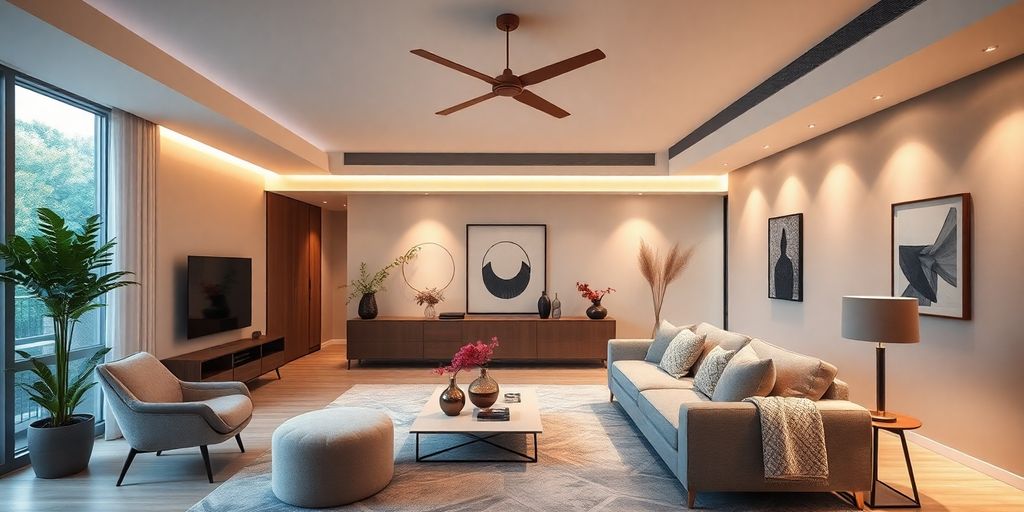 Modern living room with stylish lighting and contemporary furniture.
