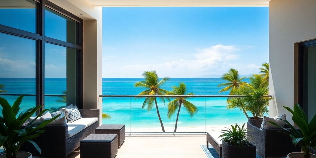 Luxury Phuket condo balcony overlooking tropical beach.