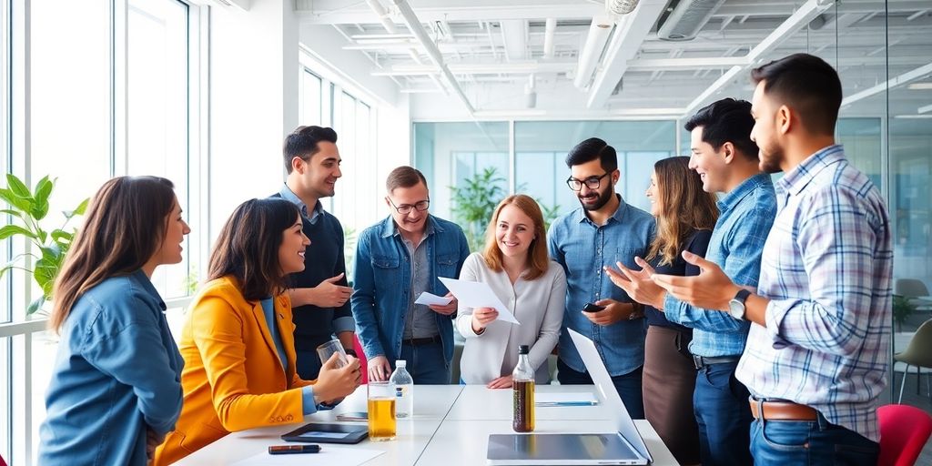 Diverse team collaborating in a vibrant, modern office.