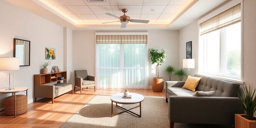 Cozy outpatient therapy room with comfortable seating and decor.