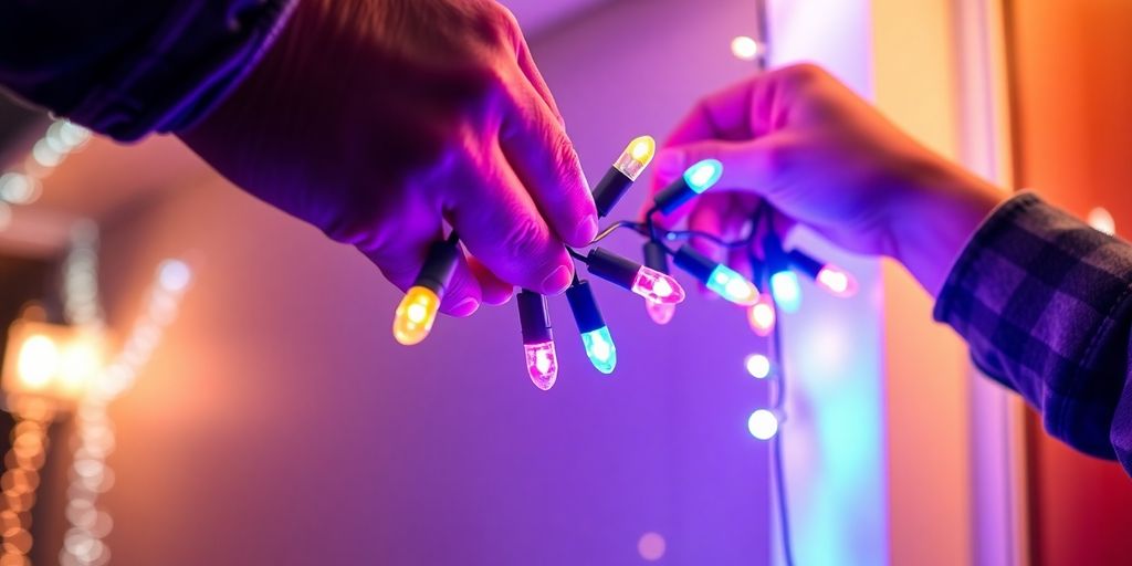 Christmas lights being installed on a house.