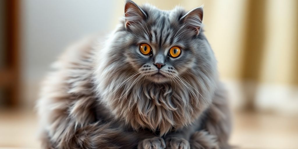 Fluffy gray British Shorthair cat sitting.