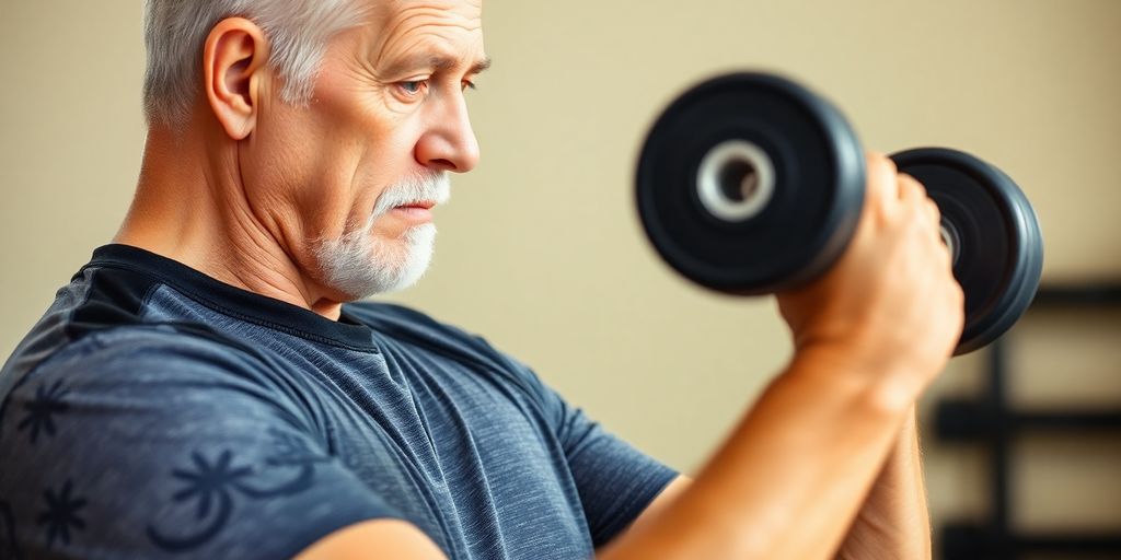 Senior cyclist performing a dumbbell row.