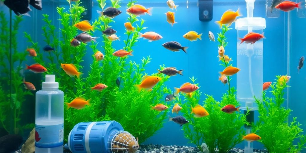 Makukulay na aquarium na may isda, mga halaman, at accessories.