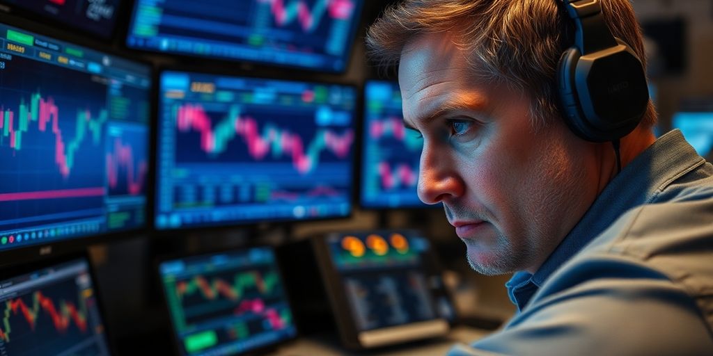 Trader analyzing options on multiple screens in a trading room.
