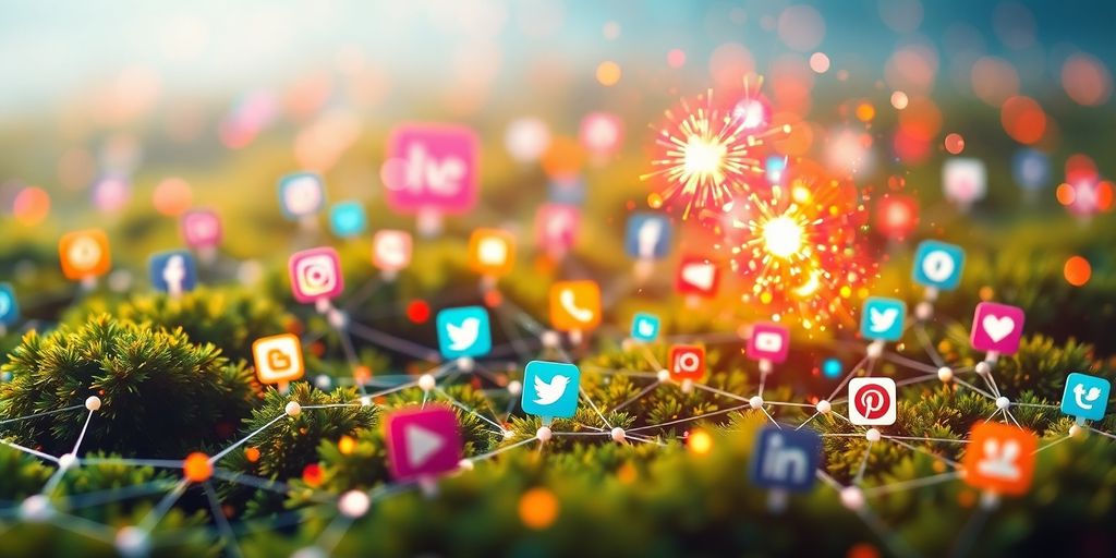 Social media icons scattered across a digital landscape