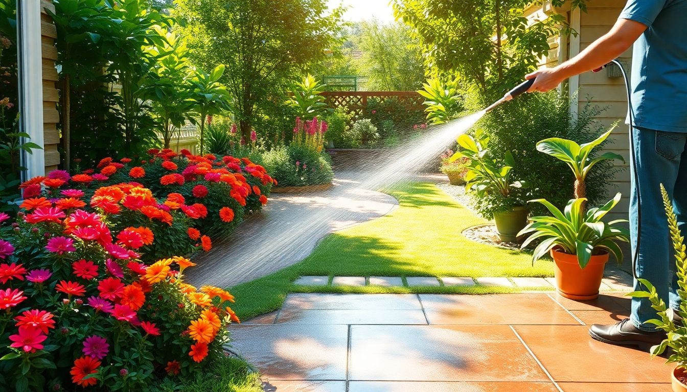 Person cleaning a garden patio with flowers around.