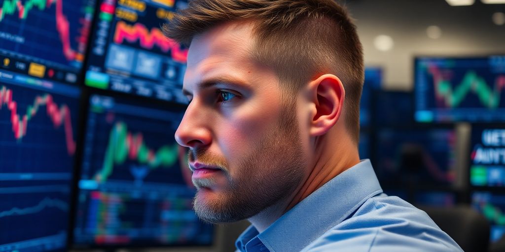 Trader analyzing data in a busy market environment.