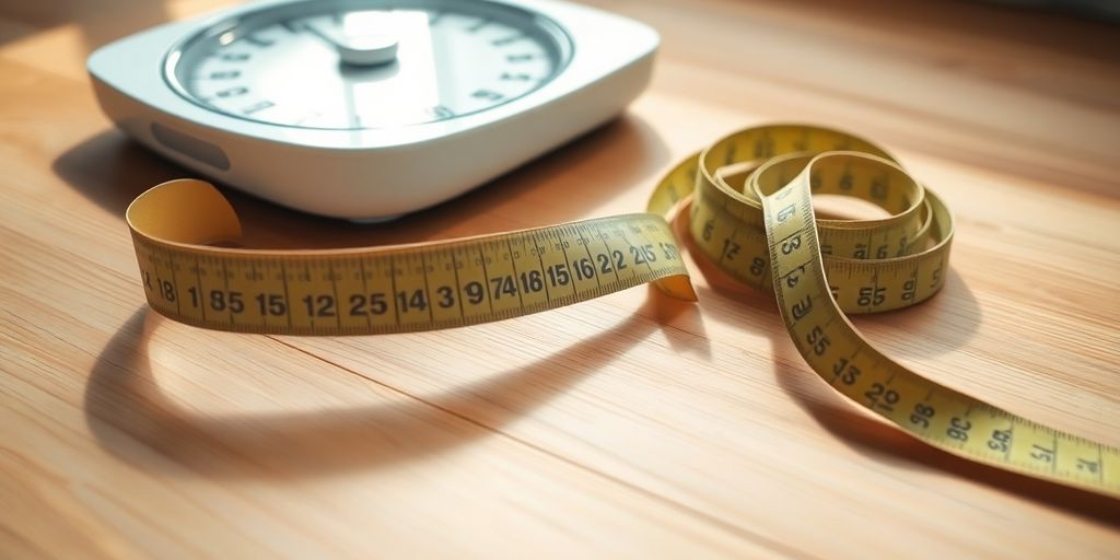 Measuring tape and scale on a wooden surface.