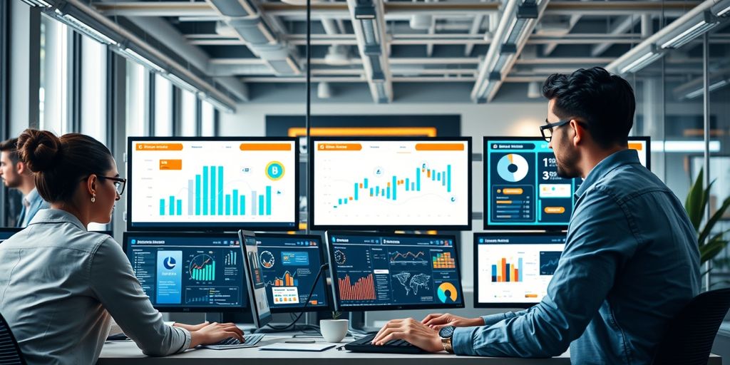 Profissionais de marketing digital em ambiente moderno.