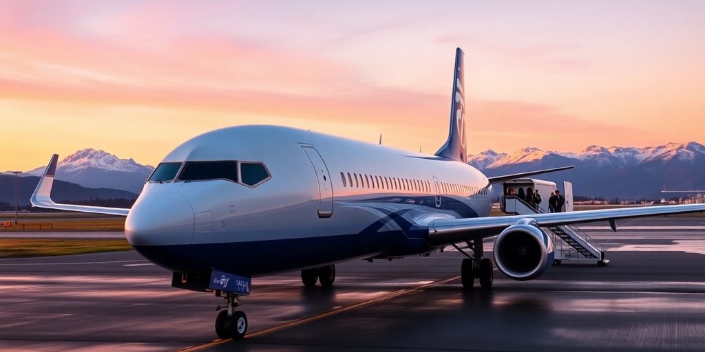Alaska Airlines jet taxiing on runway at sunrise with mountains.