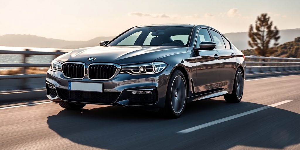 Sleek BMW car driving on a scenic road.