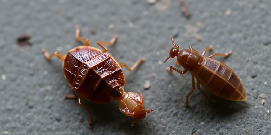 Close-up of bed bug and flea on a surface.