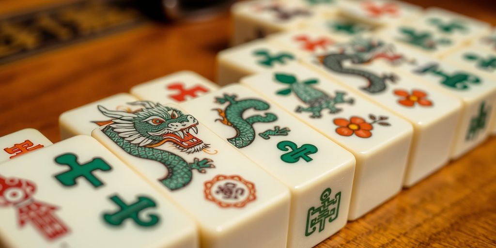 Mahjong dragon tiles with vibrant colors and patterns.