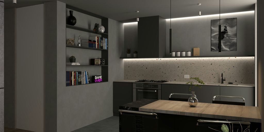 a kitchen with a wooden counter top next to a stove top oven