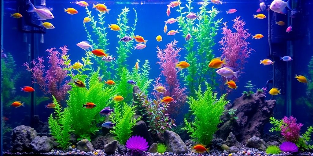 生动的水族箱，里面有色彩斑斓的鱼和水生植物。