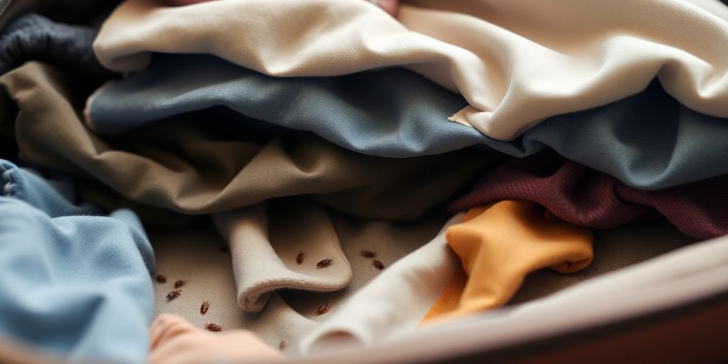 Photograph of suitcase with bed bugs and clothing.