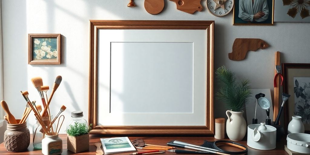 16x20 frame with art supplies on a wooden surface.