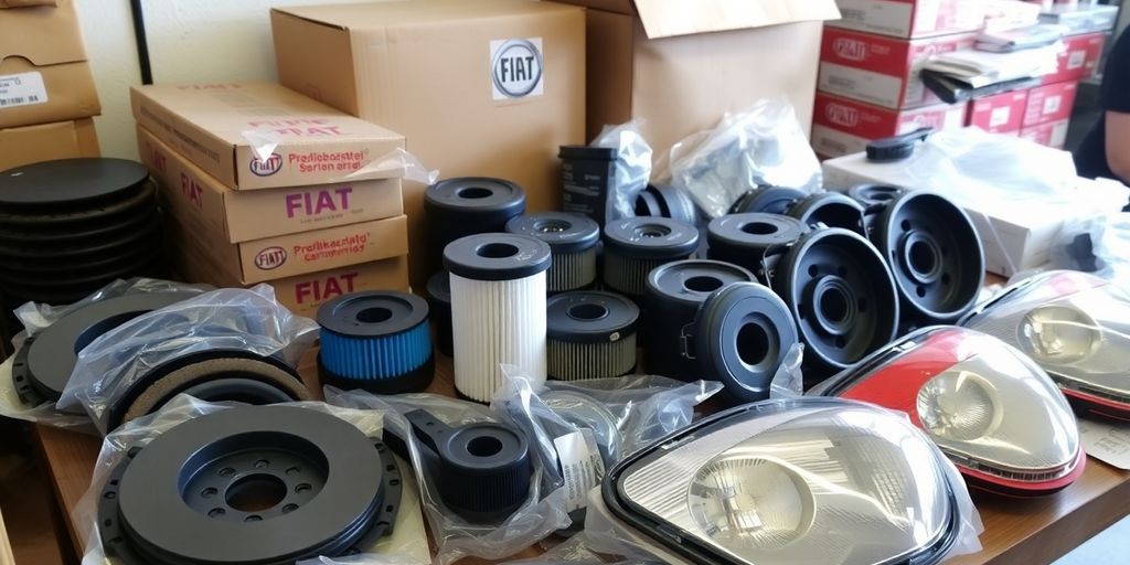 Fiat car parts in a workshop, ready for shipping.